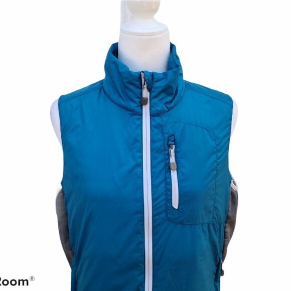 LANDS' END Blue Gray Side Panel 3 Pockets Vest Jacket Full Zip Size M High Neck - Picture 5 of 11